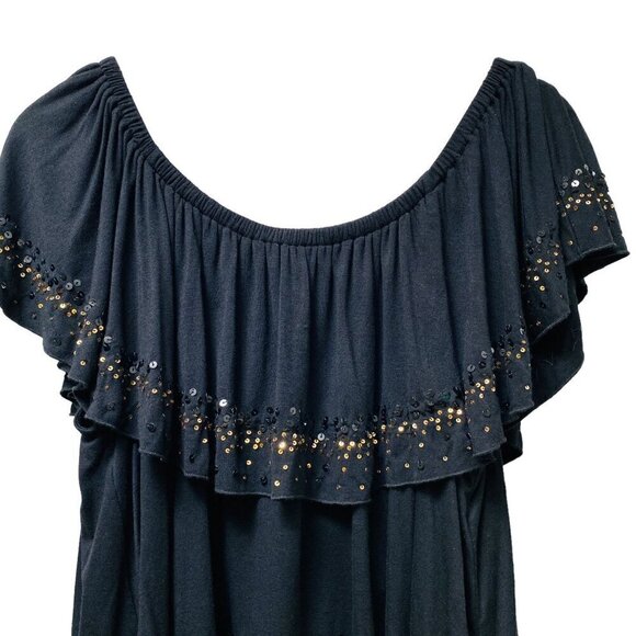 KAREN KANE Flowy Top Plus Size 2X Black Gold Sequined Ruffled Tier Peasant Tunic - Picture 2 of 9